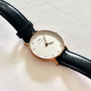 Daniel Wellington Classic Gold White Dial Watch, Black Genuine Leather, Unisex